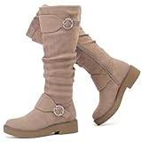 Ruiee Women's Slouchy Knee High Boots Comfortable Wide Calf Platform Flat Tall Boot Stylish Round Toe Fall Winter Casual Boots for Women. 241261 Beige MF Size8