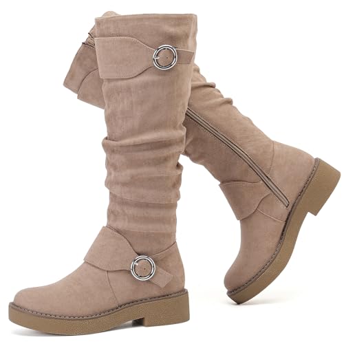 Women's Slouchy Knee High Boots Comfortable Wide Calf Platform Flat Tall Boot Stylish Round Toe Fall Winter Casual Boots for Women. 8.5 Beige Mf 261