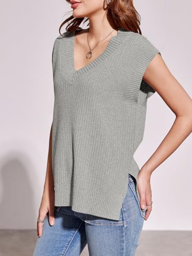 Image of Saodimallsu Womens V Neck Sweater Vest Oversized Ribbed Knit Sleeveless Casual Loose Fit Pullover Tank Top