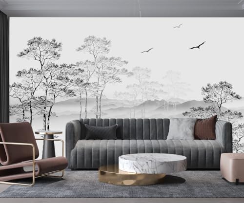 Papier Peint Panoramique 3D Soie Noir et Blanc Nature Foret,