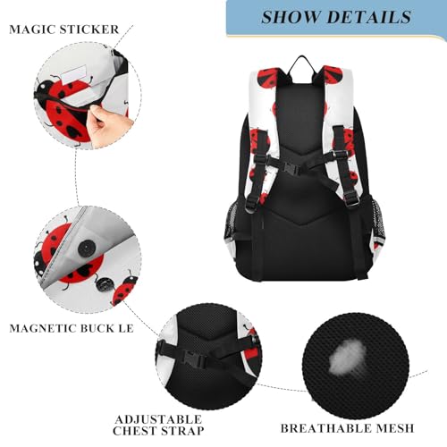 DOMIKING Ladybirds Beetle White Kids Backpack for Boys Girls School Backpack for Middle School Preschool Elementary Laptop Backpacks Bookbag for Travel Work Women Men3