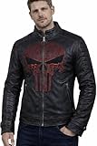 TUFFRANO Superhero Tribute Skull Horror Skull Punisher Leather Jacket – Black with Skull Design (US, Alpha, X-Large, Regular, Regular, Black)