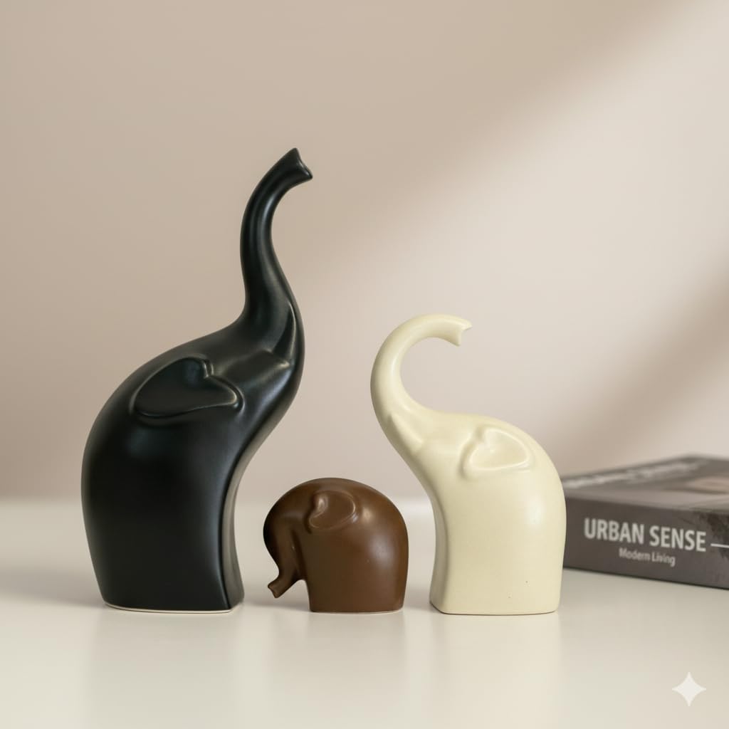 Elephant Family Ceramic Showpiece Set | Matte Finish Elephant Figurines for Home Decor | Living Room Table Shelf Decor | Lucky Elephant Statue for Housewarming Gift | Black Brown White