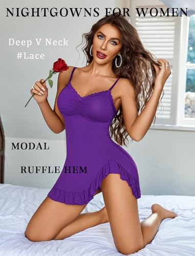 Image of Avidlove Lingerie for Women Sexy Nightgown Modal Nightwear Side Slit Babydoll Chemise Spaghetti Strap nighties