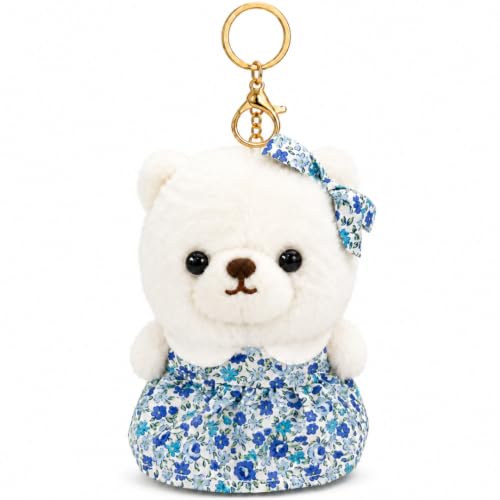 Image of Wanna Party White Teddy Bear Plush Keychain, Cute Soft Bear Bag Charm with Blue Floral Dress