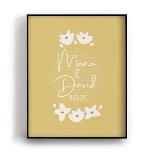 Custom Couple Name Wedding Date Song Lyrics Wall Art Personalized Floral First Dance Wedding Song Print Gift for Husband Wife Couple Him Her (Yellow, 24x30", Black Frame) -  Lyrical Artworks