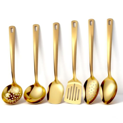 QUTHZZHY Keukengerei set 6-delig, keukengerei spatels set, titanium coating roestvrij staal kookgerei set, Home Essentials keukengerei accessoires (6, goud)