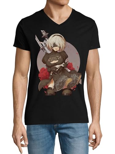 T-shirt col en V homme Anime 166 en coton fin noir de haute qualité