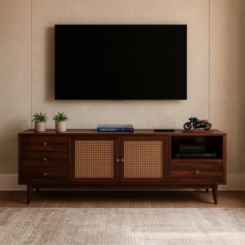 Image of Premium Solid Wood, 10 Minutes Assembly (Legs Only), Aesthetic Rattan Doors, Mid Century Entertainment Center for Living Room, TV Stand for 65 inch TV, Dark Chocolate (Walnut TK-26)