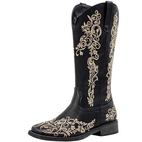 SheSole Women's Square Toe Cowboy Boots Floral Embroidered Cowgirl Western Boots Wide Calf 10 Black