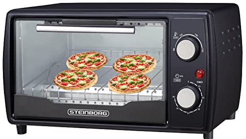 Mini four 1000 W 10 litres Avec plaque de cuisson et grille de cuisson Four à pizza 90-230 °C Minuterie de 60 minutes Plaque ramasse-miettes rabattable Manuel d'utilisation (français non garanti)