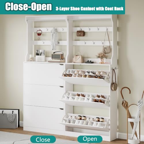 Image of Shoe Cabinet for Entryway with 3 Flip Drawers, White Tall Wood Shoe Storage Cabinet with Coat Rack, Narrow Hidden Slim Freestanding Shoe Rack Organizer, 2 in 1 Hall Tree for Living Room, Hallway