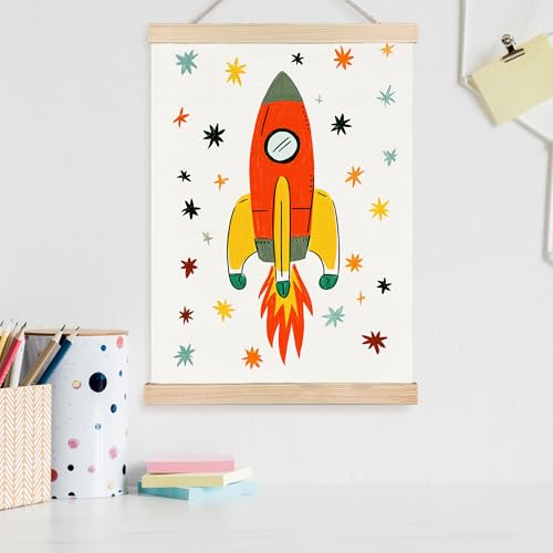 Image of PQKIY Retro Rocket Ship Space Nursery Wall Art Poster Hanger Frame 12x16 in, Mid Century Modern Spaceship Adventure Wall Decor Canvas Prints for Nursery Toddler Boys Kids Room Bedroom Playroom
