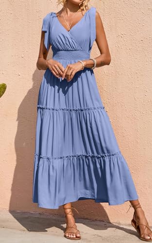 Image of PRETTYGARDEN Women's Cross Neck Summer Sleeveless Tiered Maxi Dress Beach Tie Strap Smocked Long Dresses Pleated Sundress