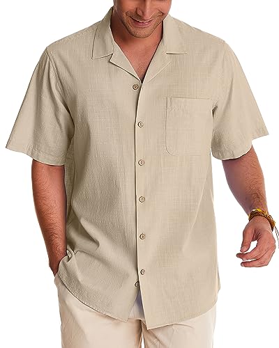 Image of Alimens & Gentle Mens Linen Shirts Cotton Hawaiian Shirts Short Sleeve Button Down Shirts Casual Summer Beach Tops