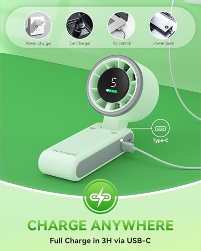Image of PlayHot Portable Handheld Turbo Fan, Travel Essentials, Gifts for Women /Men | 5-Speed, Up to 12H, 10m /s Airflow, USB-C Rechargeable, LED Display, 3-in-1 Foldable Personal Fan for Cruise, Beach, Vacation