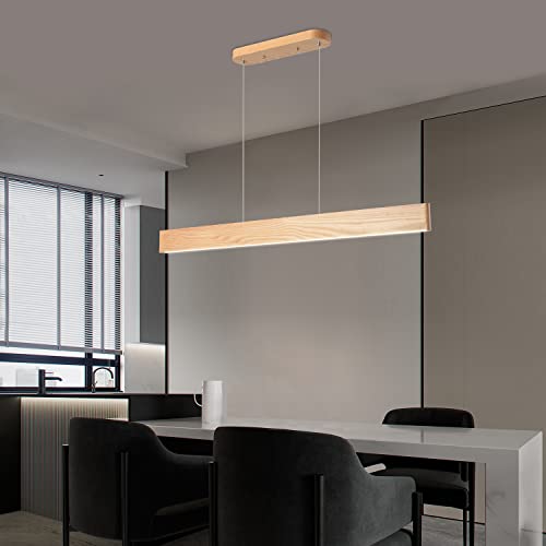 Yisdesign 59" 40W Wood Linear Pendant Light Fixtures Led Dining Room Light Linear Kitchen Island Hanging Lights Dimmable Pendant Light For Dining Room Kitchen Island Pool Table Natural Wood Color #TOP6