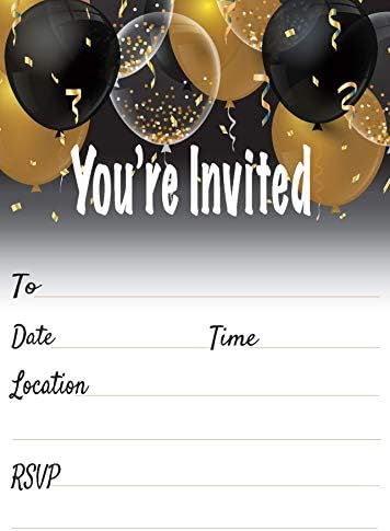 QualityVibe Black & Gold balloons Invitations Set of 25 with envelopes. Invites for Anniversaries, birthdays, sweet 16, bridal showers, baby showers, milestones birthdays and more.