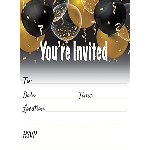 Black & Gold Balloons Invitations Set of 25 with envelopes. Invites for Anniversaries, Birthdays, Sweet 16, Bridal Showers, Baby Showers, milestones Birthdays and More Cover