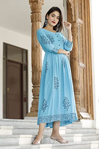Image of TARANJAL Women's Rayon Anarkali Hand Block Printed Kurti