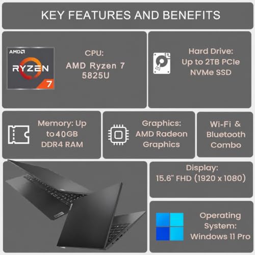 Lenovo V-Serie V15 Business Laptop, 15,6 Zoll FHD Display, AMD Ryzen 7 Prozessor, 40GB RAM, 1TB SSD, Ziffernblock, HDMI, RJ45, Webcam… – Ansicht 4