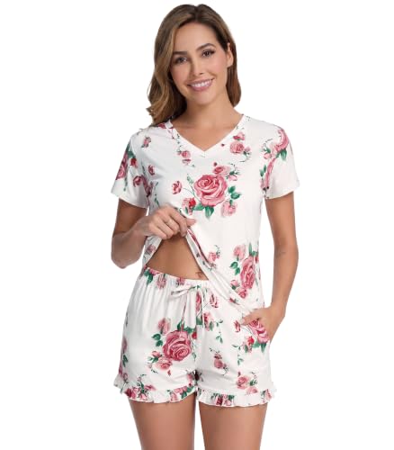 Image of WiWi Womens Pajamas Set Bamboo Viscose Super Soft Short Sleeve Top Ruffle Shorts Sleepwear Cooling Pj Sets S-XXL
