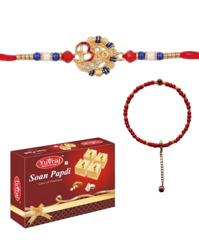 Image of Yuvraj Food Product Rakhi for couple bhaiya bhabhi new peacock desine couple pair rakhi with sweet soan papadi 200 gm pack