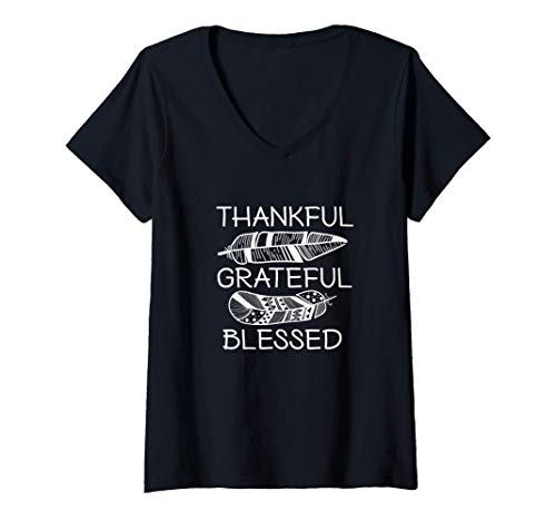 Donna Thankful Grateful Blessed Regalo Thanksgiving Donna Uomo Maglietta con Collo a V