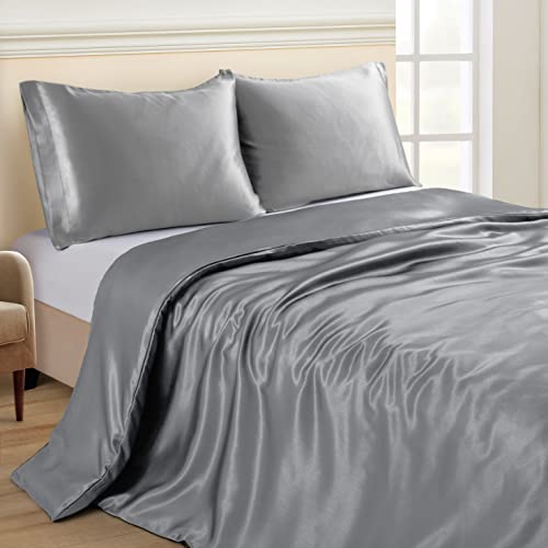 Image of NSGZ Satin Duvet Cover for Weighted Blanket, 60x80, 8 Ties, Grey | 8 Ties And Zipper For Secure Fit, Cooling Satin Gentle On Skin, Machine Washable, Fits 48x72 And 60x80 Weighted Blankets