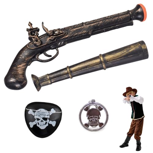 Pistola Pirata de Oro, Revólver, Disfraz de Pirata, Pistola de Juguete Pirata con Telescopio, Parche de Ojo - Decoraciones de Halloween de Pirata para Cosplay