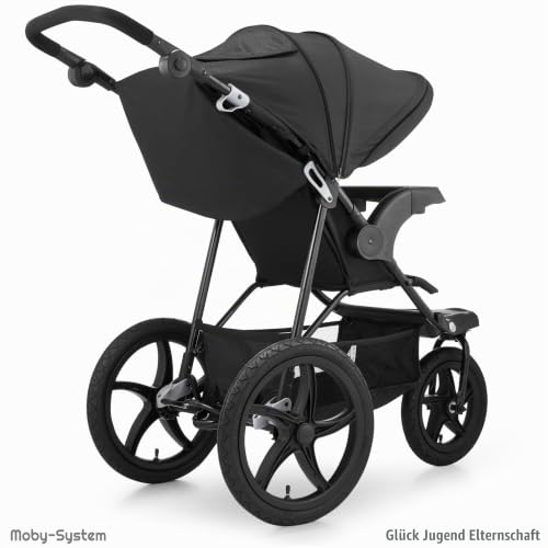Moby-System Runner Mountain Dreirad-Kinderwagen mit Regenschutz, 15 kg Belastbar - Kinderwagen Zubehör Set mit 5-Punkt-Gurt, Reflektoren, Sichtfenster & Ablagekorb - Schwarz