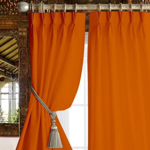 Image of Triple Pinch Pleated Blackout Curtains Thermal Insulated Room Darkening Curtains for Bedroom /Livingroom Pack of 2 Panels, Tiebacks, Hooks (Brunt Orange)