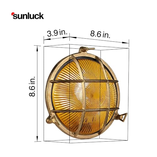 Image of Sunluck Brass Bulkhead Light Grid Round Nautical Wall Lampshade,Ceiling Mount,Sauna Light Waterproof IP54,Rust Resistant,Decoration Cafe,Bar,Porches,Patios,Restaurants