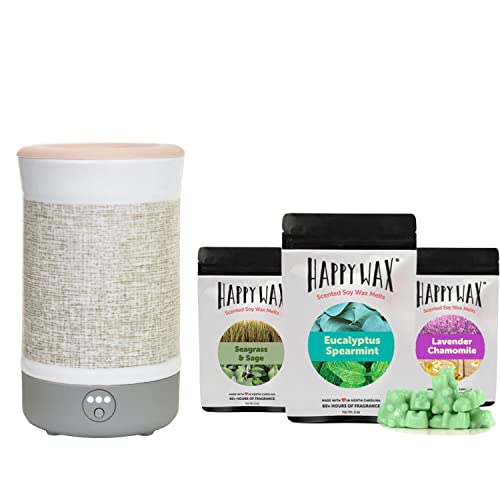 Happy Wax Canvas Signature Warmer and Spa Collection Scented Wax Melts Gift Set, Includes Seagrass & Sage, Eucalyptus Spearmint, and Lavender Chamomile.