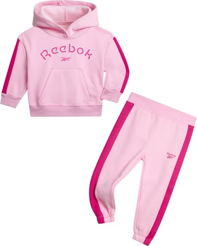 Reebok Toddler Girls Sweatsuit Set - 2 Piece Performance Fleece Pullover Hooded Sweatshirt and Jogger Sweatpants for Girls, Pink