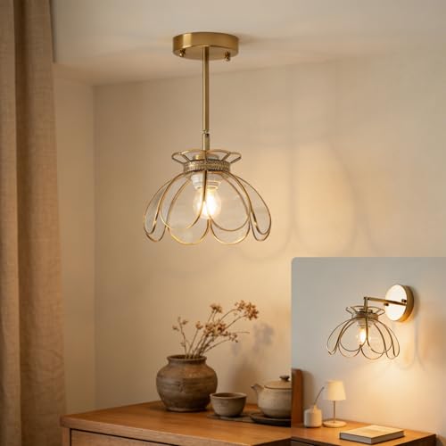 Image of Vintage Brass Ceiling Pendant Light with Stained Lotus Flower Clear Glass Shade, Oriental Hanging Lamp or Wall Sconces Dual-Purpose, for Kitchen Island Dining Room Bedroom Living Room-7.9 inch Shade