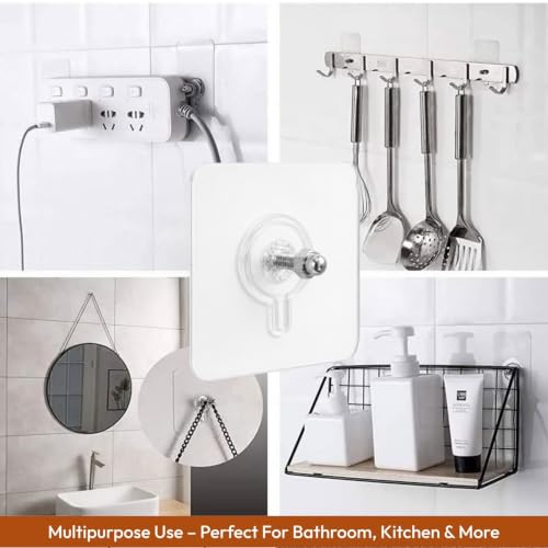 Image of KONVIO NEER Screw Hooks for Wall Without Drilling - 20 Pack Self Adhesive Screw Hooks Heavy Duty | Strong Nail-Free Transparent Stainless Steel Wall Hanging Hooks for Kitchen, Bathroom, Home & Office