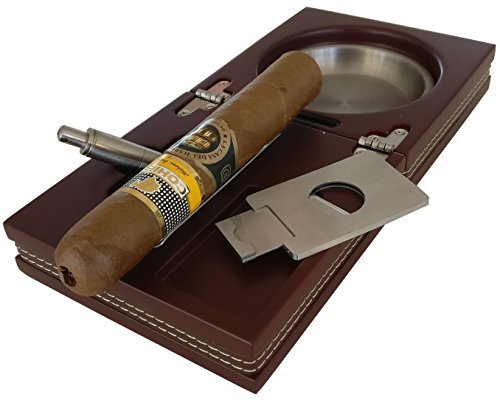 H&H The Compact Ash Tray with Cutter and Punch - 4.75" x 4.75" x 2.8" (Walnut w/Leather)