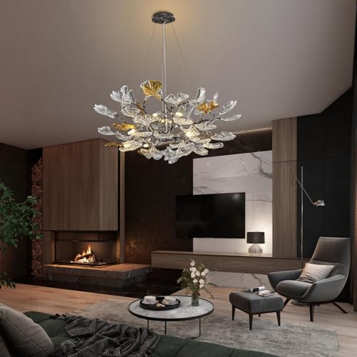 Image of AioTio Black Modern Chandeliers for Dining Room, D31.5''Tree Branch Round Glass Ginkgo Leaf Farmhouse Chandelier,Large Ceiling Hanging Vintage Chandelier for Living Room,Entryway,Kitchen Island,Foyer