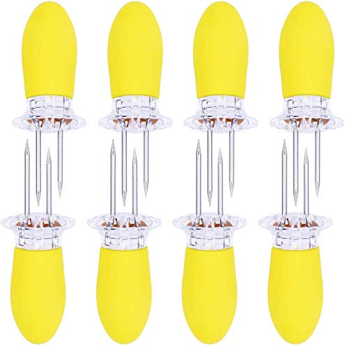 Corn Holders, DELFINO 8 Pcs Corn on the Cob Holders BBQ Kebab Grill Food Prongs Skewers Holder Grips Forks with Silicone Handle, for Home Cooking, Birthday Party, Camping, Stainless Steel, Yellow