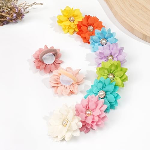 BBGifts 40Pcs Baby Chiffon Flower Hair Ties for Toddler Girls - 2.2 Inch Handmade Pearl Rhinestone Chiffon Flower Soft Elastics Ponytail Holders for Newborns to Kids