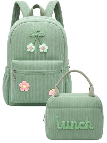 Dansydaisy Mochila escolar de veludo cotelê com conjunto de lancheira