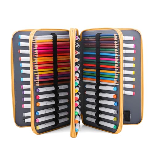 Image of Vomgomfom 300 Slots Marker Case 4-Layer PU Leather, Handle, Yellow Flower