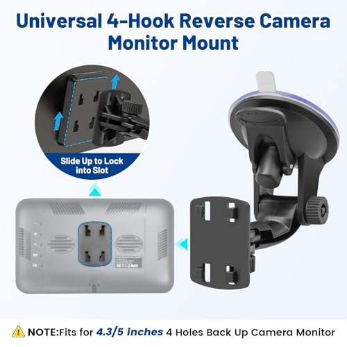 EWAY 4-Hole Direct Fit Suction Cup Mount for Backup Camera 4.3\"/5\" Monitor, Knob-Lock Adjustable Dashboard Windshield Monitor Mounting Bracket Holder for Car Rear View Camera Screen Display Stand - Thumbnail 4