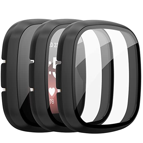 Mugust Screen Protector for Fitbit Sense/Versa 3 - HD Tempered Glass Sensitive Touch Bumper Hard PC Cover: Full Black 3 Pack