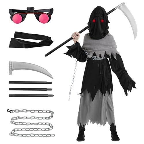 Costume da Grim Reaper: Costumi Costume da Tristo Mietitore di Halloween per Bambini di Carnevale per Ragazzi di Morte Set con Guanti Falci Catena Occhiali Luminosi (M (8-10 anni))