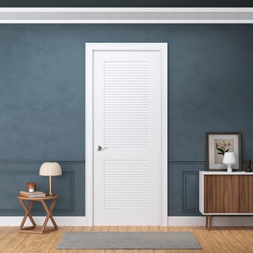 24\" x 80\" Interior Wood Door Slab, 2-Panel Louver, Right Handing, Solid Core, White Primed, with Pre-Drilled Holes, for Closet, Pantry, Bedroom, and Office Door Use (Not Prehung)
