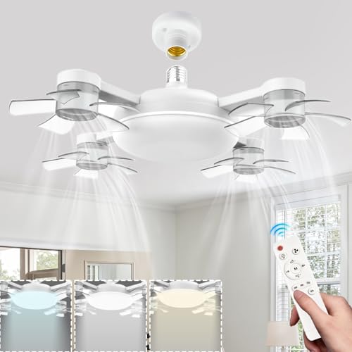 Caunmar Ventilador Techo Con Luz Y Mando A Distancia Lámpara Con Ventilador E27 Temporizador 3 Velocidades 30W Pequeño Ceiling Fan with Light Silencioso RegulablePara Dormitorio Cocina-Blanco