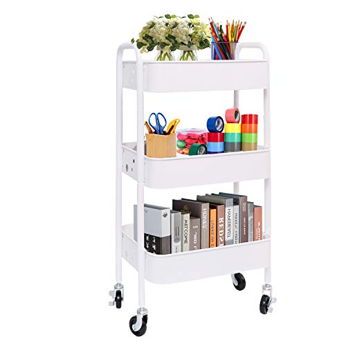 3-Tier Metal Rolling Utility Cart, Heavy Duty Storage Organizer Art Cart Craft Cart, White
