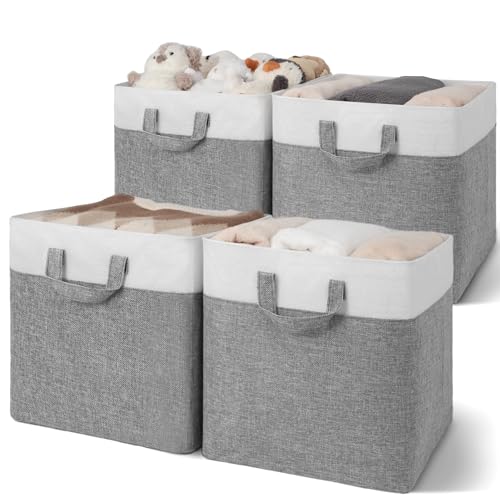 GRANNY SAYS Aufbewahrungsbox mit Metallrahmen, Kallax Einsatz, Groß Aufbewahrungsboxen für Regal, Aufbewahrungsbox Stoff, Faltbox 33 x 33 x 33 cm, Grau/Weiß, 4er-Pack